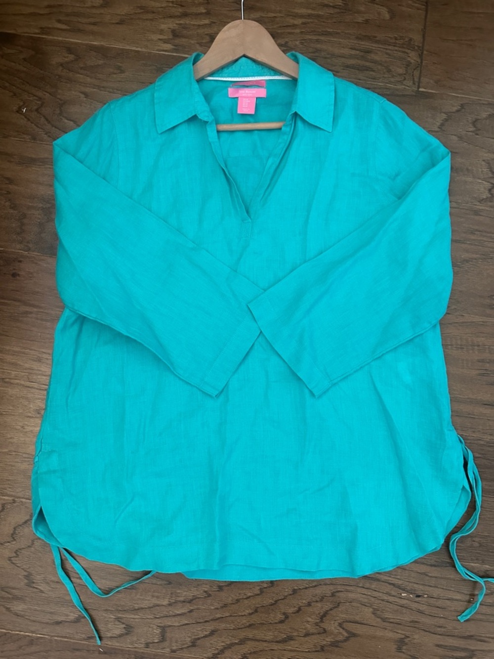 Issac Mizrahi 100% Linen Popover Medium Tunic in Teal Green with Side Ties